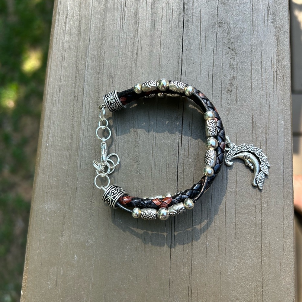Bracelet hand crafted  braided leather & silver bracelet w/ moon charm - Picture 3 of 5